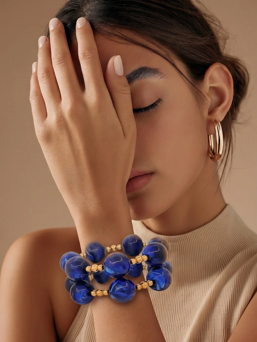 Bold Royal Blue Beaded Necklace  and Bracelets  Set with Gold Cross Pendant - Picture 4 of 5